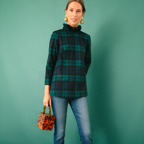 Tuckernuck Tops - Tuckernuck Blackwatch Plaid Faye Ruffle Neck Back Bow Tie Blouse (S)